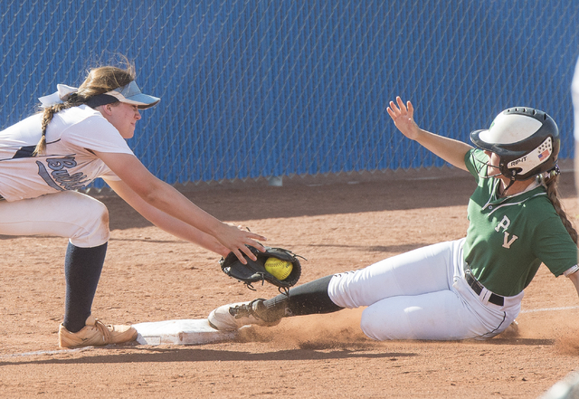 Centennial’s Stephanie Day (5) attempts to tag out Palo Verde’s Makall Whetten ( ...