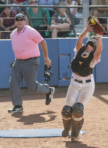 Centennial’s Makenzie Ball (9) catches a foul ball during her game with Palo Verde at ...