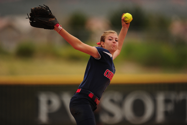 Coronado starting pitcher Tatum Spangler delivers to Palo Verde in the third inning of their ...