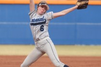 Centennial’s Cheyenne Cudahy pitches during a softball game at Bishop Gorman on Friday ...