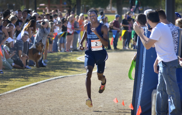 Centennial High School’s Dajour Braxton heads for the finish line with a commanding le ...