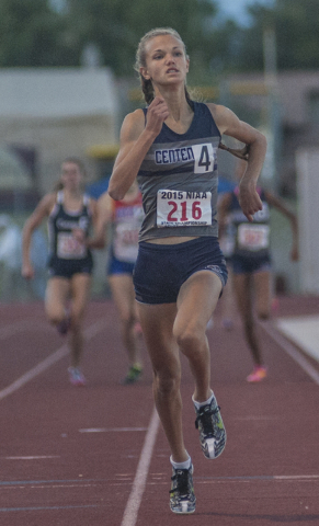 Centennial High School’s Karina Haymore finishes first in the D1 800-meter race during ...