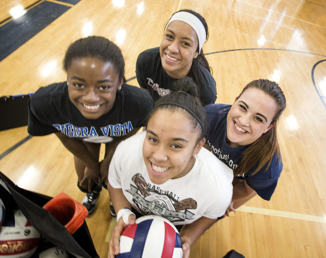 Sierra Vista’s girls volleyball players from left Sydney Land, Bridgett Levi, Kira Fel ...