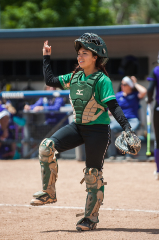 Kat Anthony (27) , catcher for Rancho, celebrates a Spanish Springs out during NIAA DI softb ...