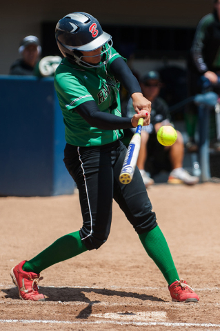 Rancho’s Tiare Lee (22) hits a Spanish Springs pitch during NIAA DI softball champions ...