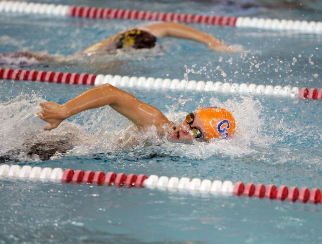 Bishop Gorman’s Amy Lubawy leads off the 400-yard freestyle relay during the Division ...