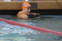 Bishop Gorman’s Amy Lubawy smiles after she competes in the 100-yard freestyle during ...