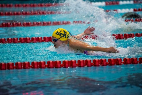Montana Lloyd of Boulder City High School swims during the Nevada High School State Champion ...