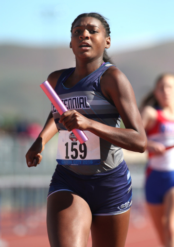 Centennial’s Addie Hall runs in the DI 4×800 relay in the NIAA track and field f ...