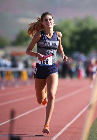 Centennial’s Kayla Roberts crosses the finish line in the DI 4×800 at the NIAA t ...