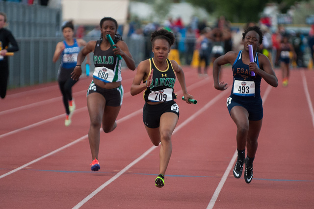 Rancho’s Amir’a Edmond competes in the girls 400 meter relay during the NIAA Div ...