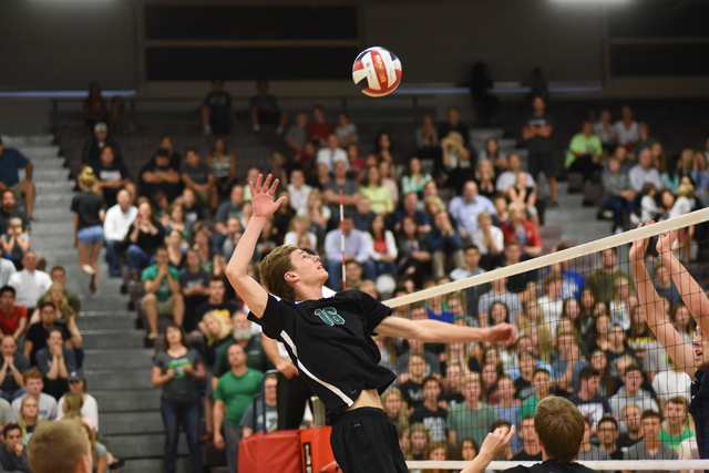 Palo Verde’s Tyler Klingensmith (16) spikes the ball against Legacy during their Divis ...