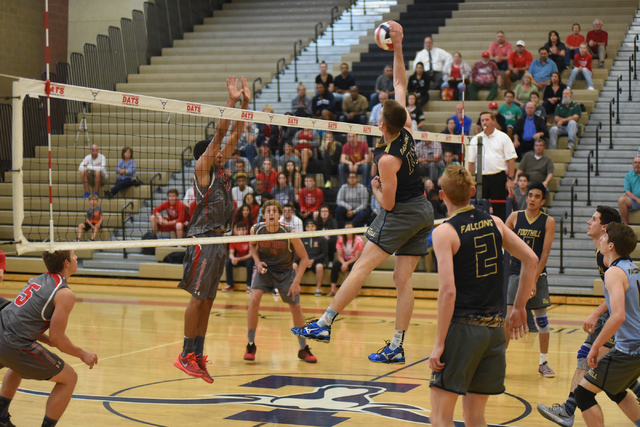 Foothill’s Jonny Rolle (14) spikes the ball against Arbor View during their Division I ...