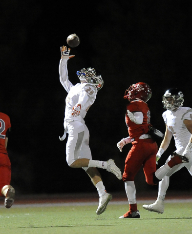Bishop Gorman safety Bryce Garcia (29) nearly intercepts a pass intended for Arbor View runn ...