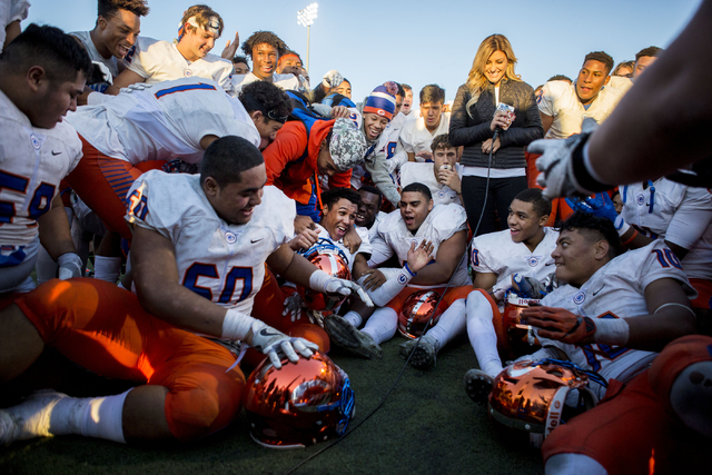 Bishop Gorman celebrates after defeating Arbor View 56-17 during the Sunset Region football ...