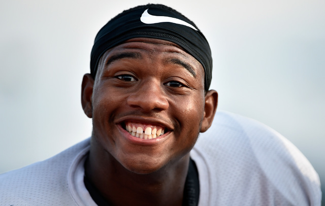 Las Vegas High’s Elijah Hicks mugs for the camera before a scrimmage against Green Val ...