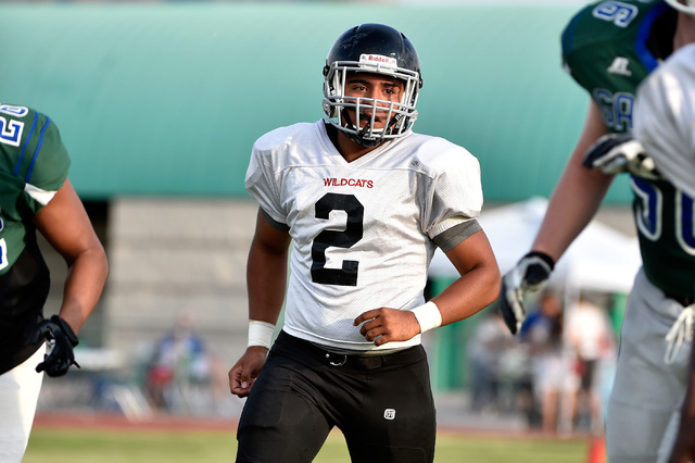 Las Vegas High linebacker Cruz Littlefield runs during a scrimmage against Green Valley at G ...