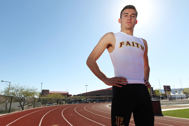 Faith Lutheran runner Mark Rubalcaba, 18, poses for a portrait during a track practice at Fa ...