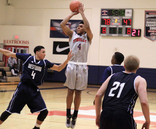 Findlay Prep guard Allonzo Trier takes a shot from outside against Westwind during their gam ...