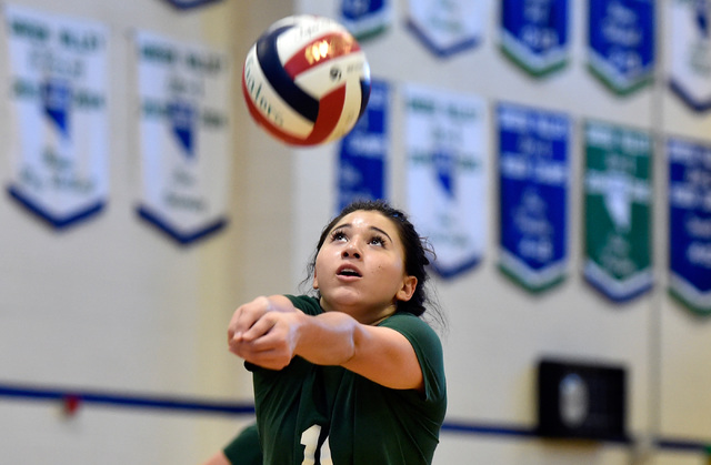 Senior Emily Flowers hits the ball during volleyball practice at Green Valley High School Tu ...