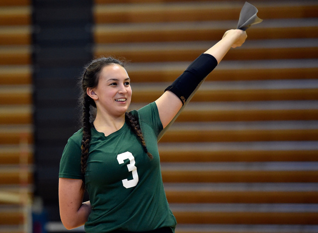 Senior Anya Olsen stretches during volleyball practice at Green Valley High School Tuesday, ...