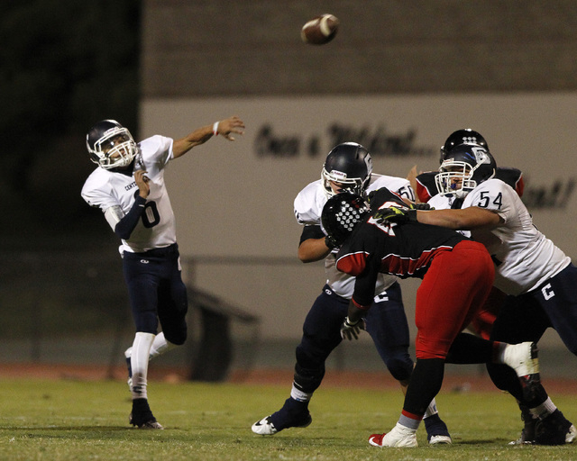 Centennial quarterback Juan Rodriguez throws the ball against Las Vegas High on Saturday. Ro ...