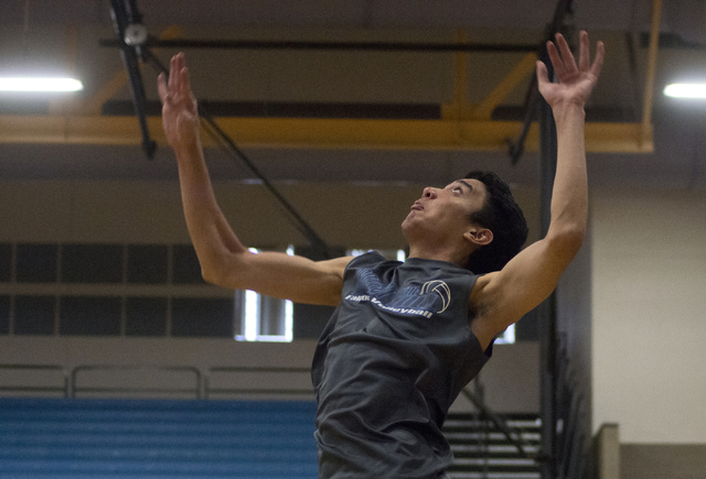 Shilo Chow (8) serves the ball during volleyball practice at Foothill High School in Henders ...