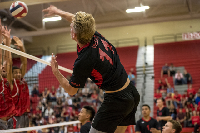 Brandon Kampshoff (11) of Las Vegas spikes the ball against Arbor View at Arbor View High Sc ...