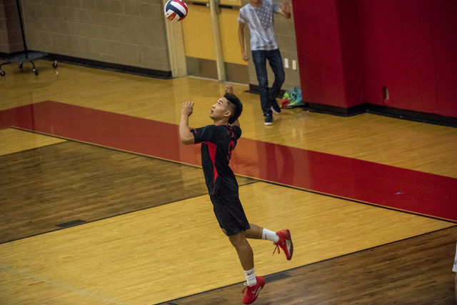 Ronell Sueno (9) of Las Vegas serves against Arbor View at Arbor View High School in Las Veg ...