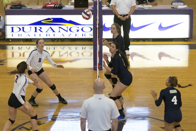 Shadow Ridge plays a match against Durango during a Sunset Region girls volleyball semifinal ...