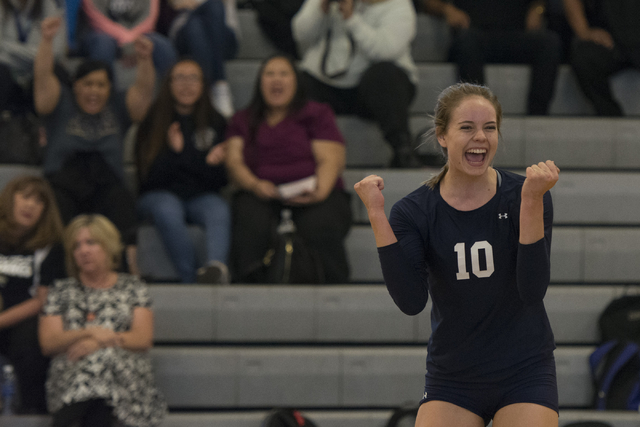 Shadow Ridge’s Stacey Hone (10) celebrates a point against Durango during a Sunset Reg ...