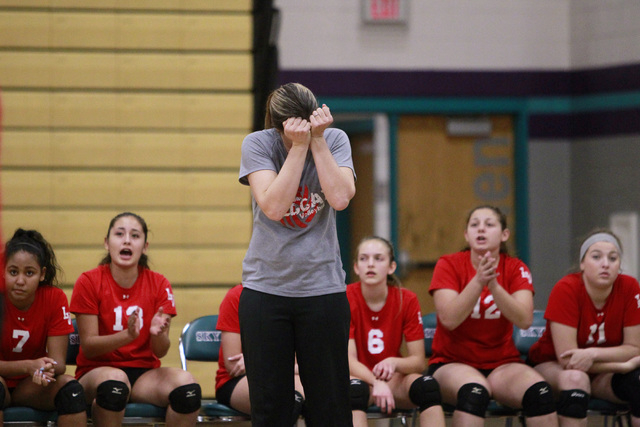 Las Vegas volleyball coach Susan Thurman reacts after a mistake during their Sunrise Region ...