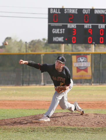 Faith Lutheran senior Brandon Johnson throws a pitch during the seventh inning on Wednesday. ...