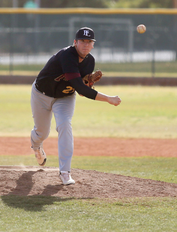 Faith Lutheran senior Brandon Johnson delivers a pitch during his no-hitter at Bonanza on We ...