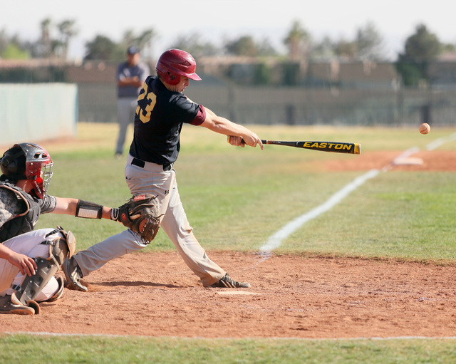 Faith Lutheran’s Blake Giuliani connects for one of his team’s 10 hits on Wednes ...