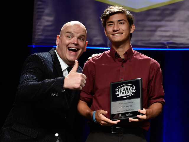 Palo Verde High School’s Dylan Levitt, right, displays his tennis award with Chet Buch ...