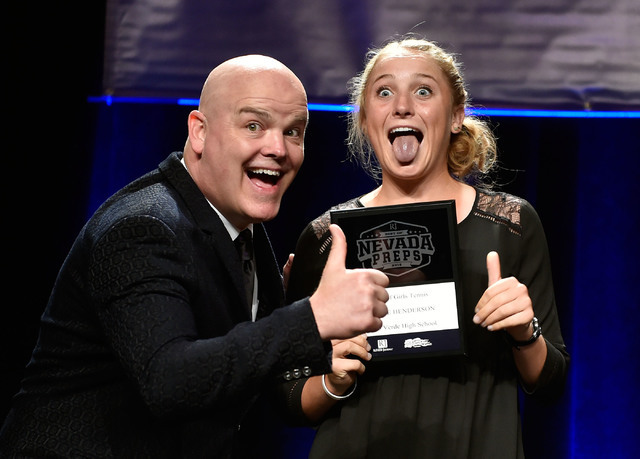 Palo Verde High School’s Chloe Henderson, right, displays her tennis award with Chet B ...