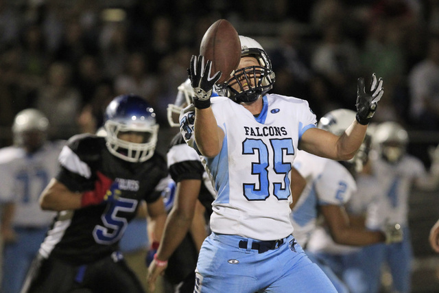 Foothill linebacker Josh Hughes grabs a missed Basic field goal attempt during the first hal ...