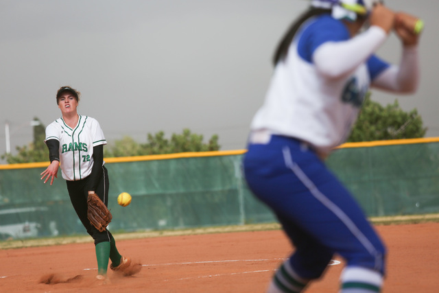 Samantha Pochop (72) throws a pitch during a game between the Rancho High School Rams and th ...