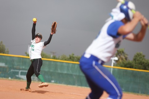 Samantha Pochop (72) throws a pitch during a game between the Rancho High School Rams and th ...
