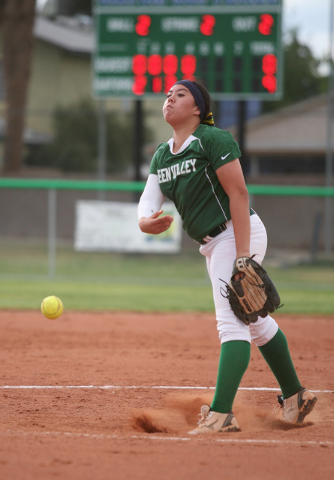 Green Valley’s Samantha Loving pitches during a game against Cimarron-Memorial on Thur ...