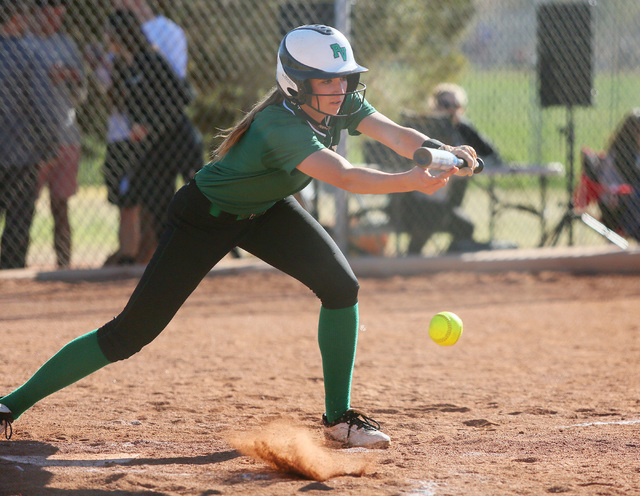 Palo Verde senior Breanna Beatty bunts during a game against Green Valley on Tuesday. Beatty ...