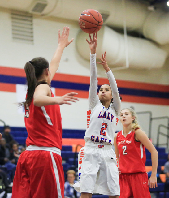 Bishop Gorman sophomore Shaira Young (2) takes a shot during the Las Vegas Invitational cham ...