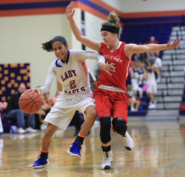 Bishop Gorman sophomore Shaira Young (2) dribbles the ball past a defender during the Las Ve ...