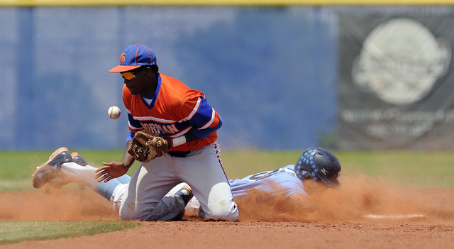 Bishop Gorman second baseman Andrew Newson bobbles the throw as Centennial’s Travis St ...