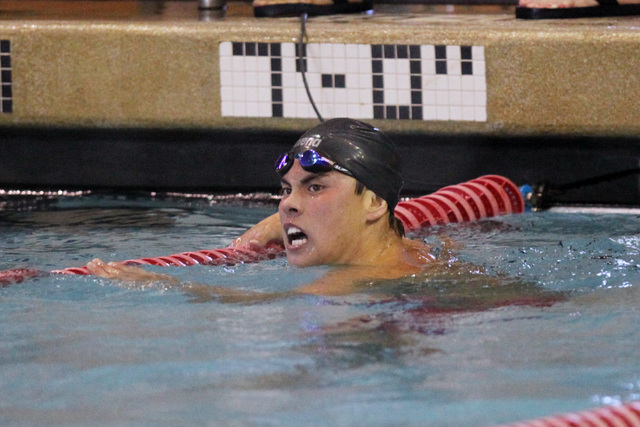 Jake Chir of Coronado reacts after winning the boys 200-yard freestyle during the Sunrise an ...