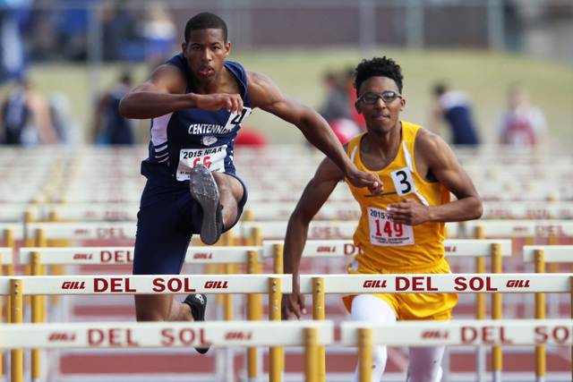 Centennial hurdler Anyah Nutter wins the boys 110-meter hurdles during the Sunrise and Sunse ...