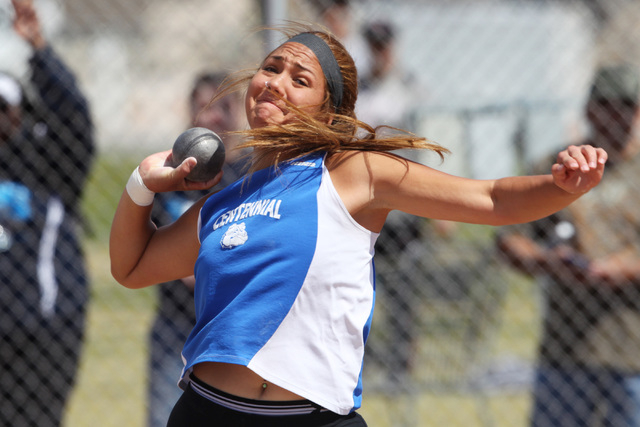 Centennial’s Kiana Sai competes in the shot put during the Sunrise and Sunset Region t ...