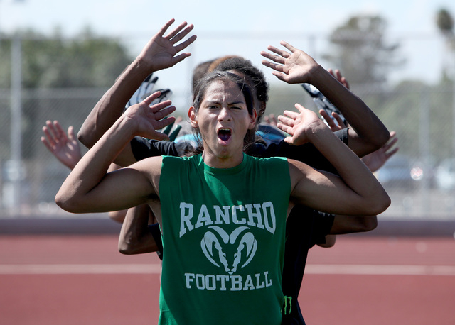 Rancho quarterback Yasser Rebolledo does a “Ram-Jack” during practice at Rancho ...