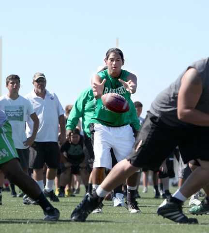 Rancho quarterback Yasser Rebolledo takes the snap during practice on Thursday. The team wil ...